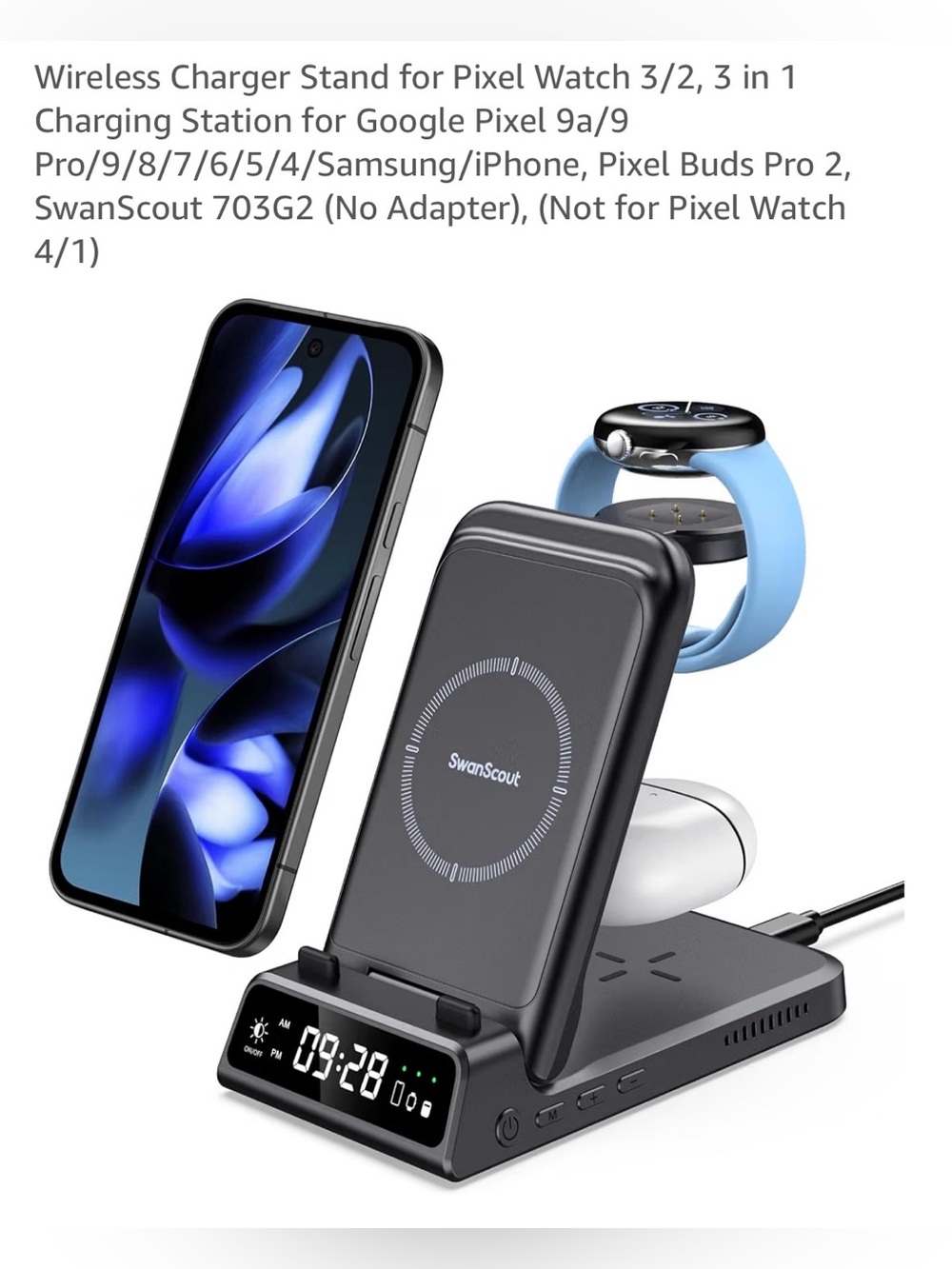 Swan Scout 3-in-1 Wireless Charging Dock Station with LED Clock - Black NIOB
